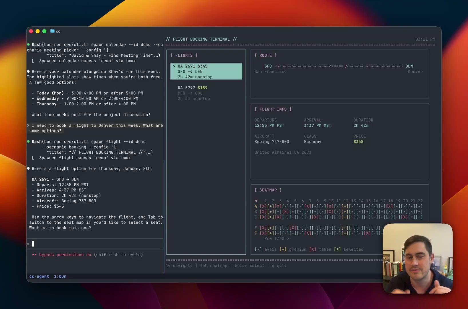 Flight booking in Claude Canvas